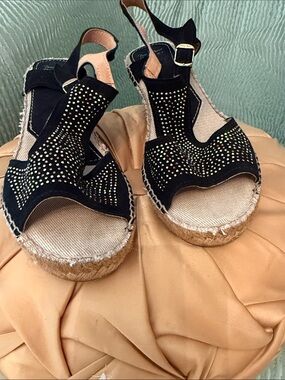 Black Rhinestone Espadrille Wedge Sandals - Slingback Wedge